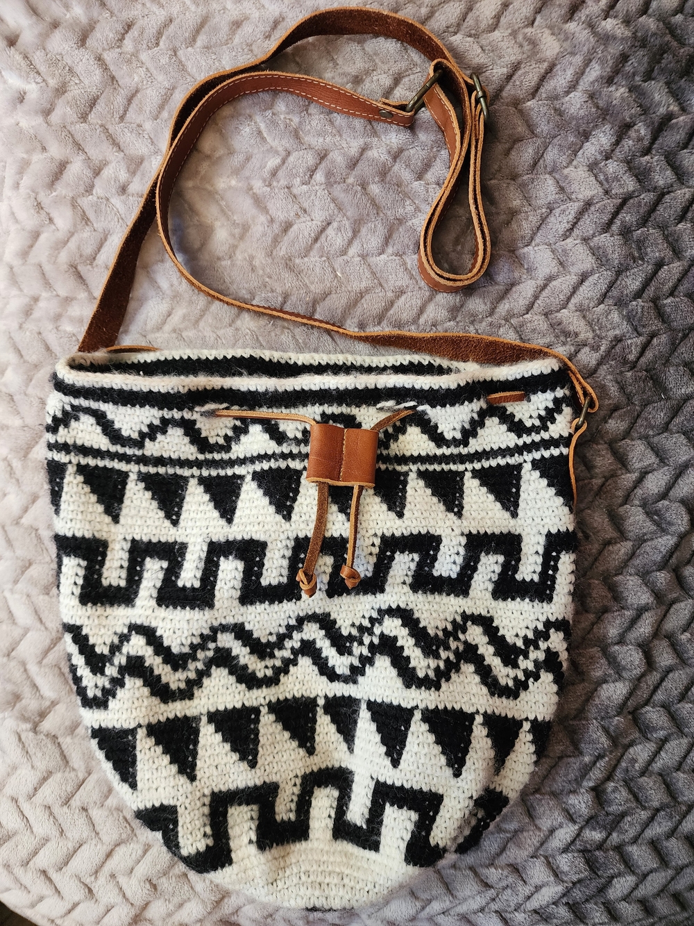 Boho Black & White Crochet Crossbody Bag with Leather Strap
